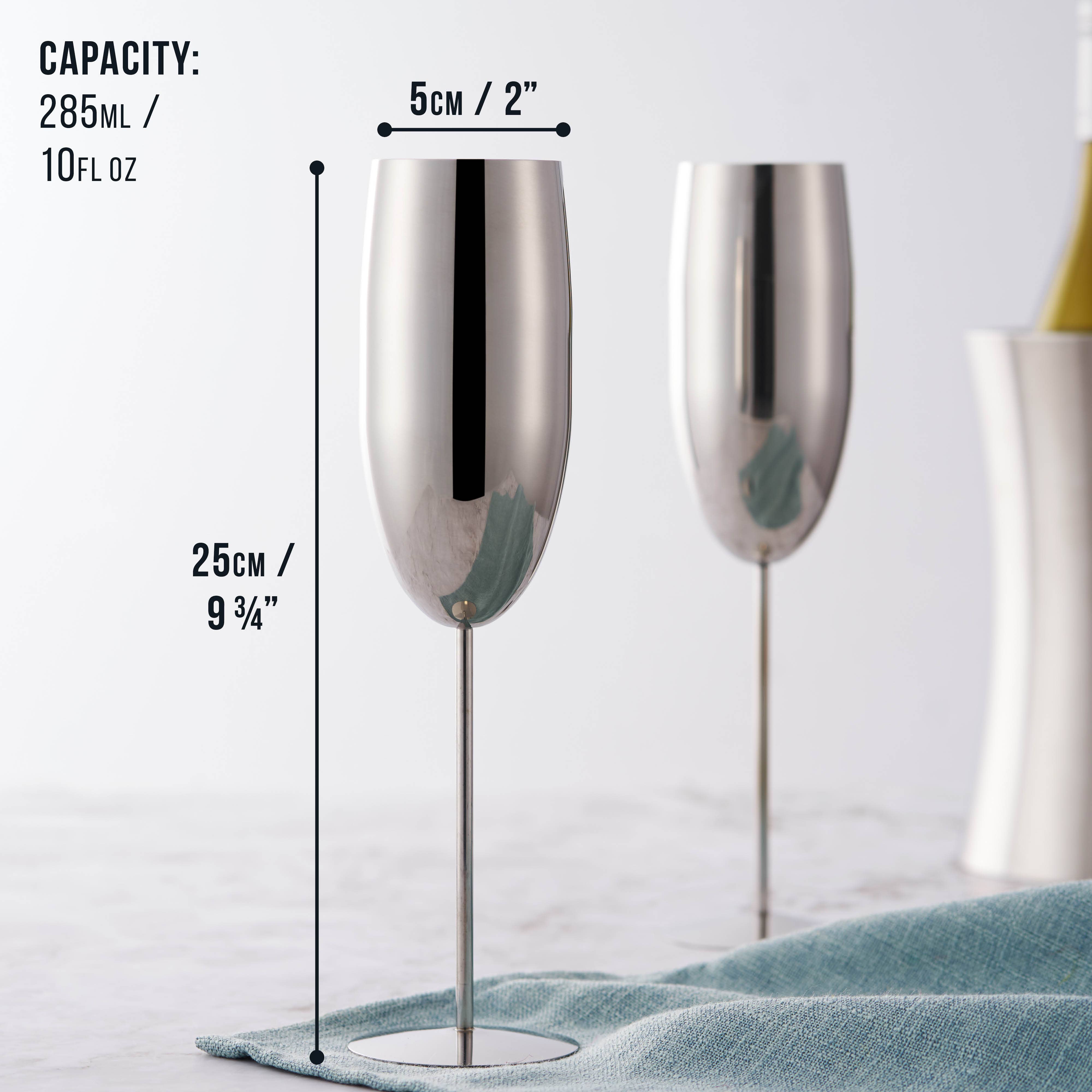 Oak & Steel - 2 Stainless Steel Silver Champagne Flutes (280ml)