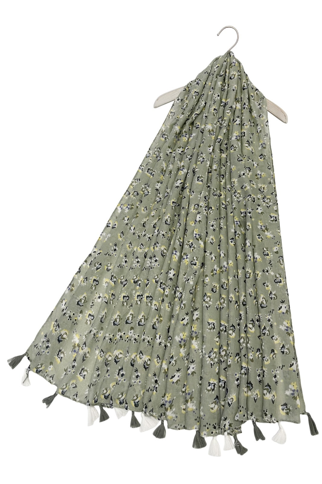 Sage Green Tassel Floral Scarf