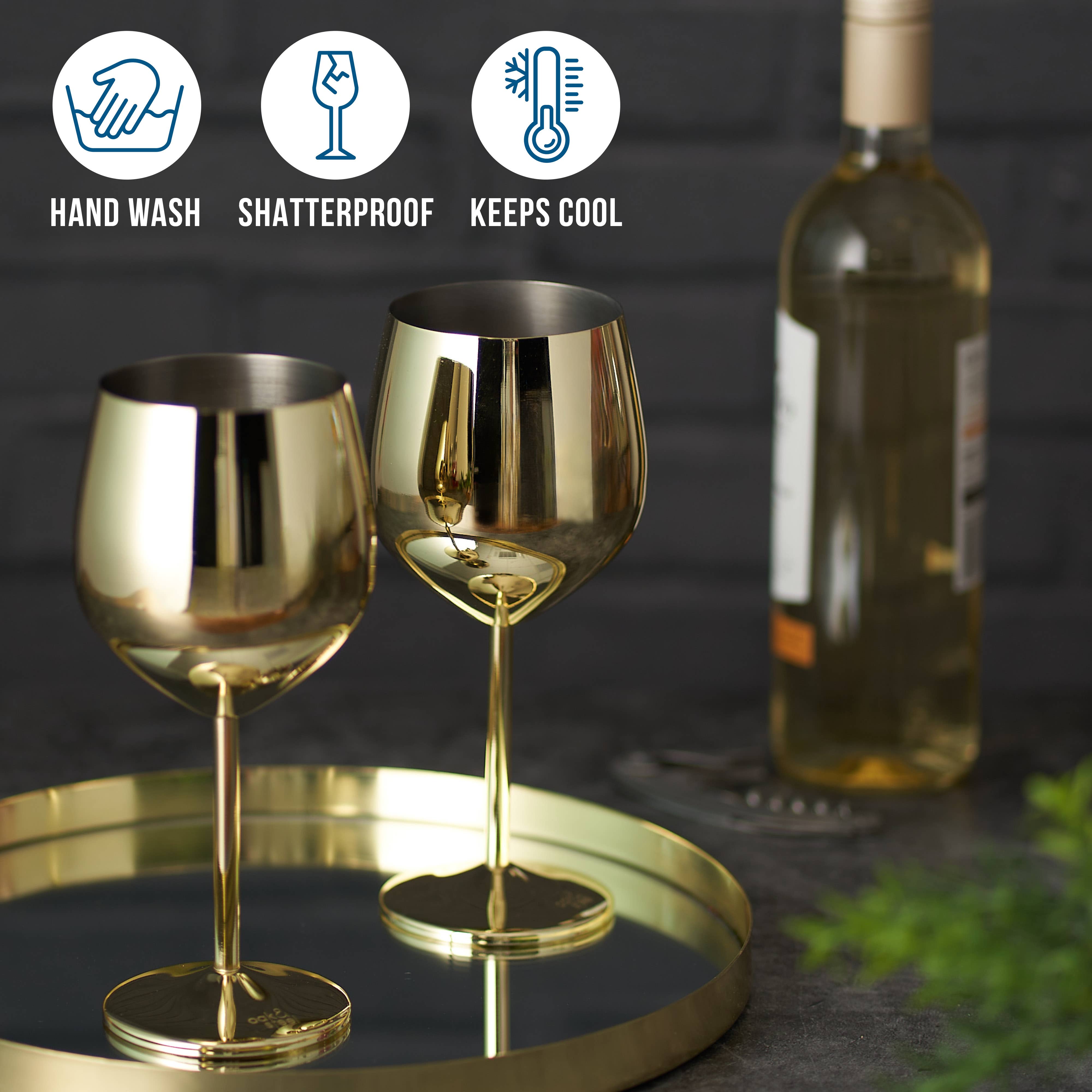 Oak & Steel - 2 Stainless Steel Gold Wine Glasses, 500ml