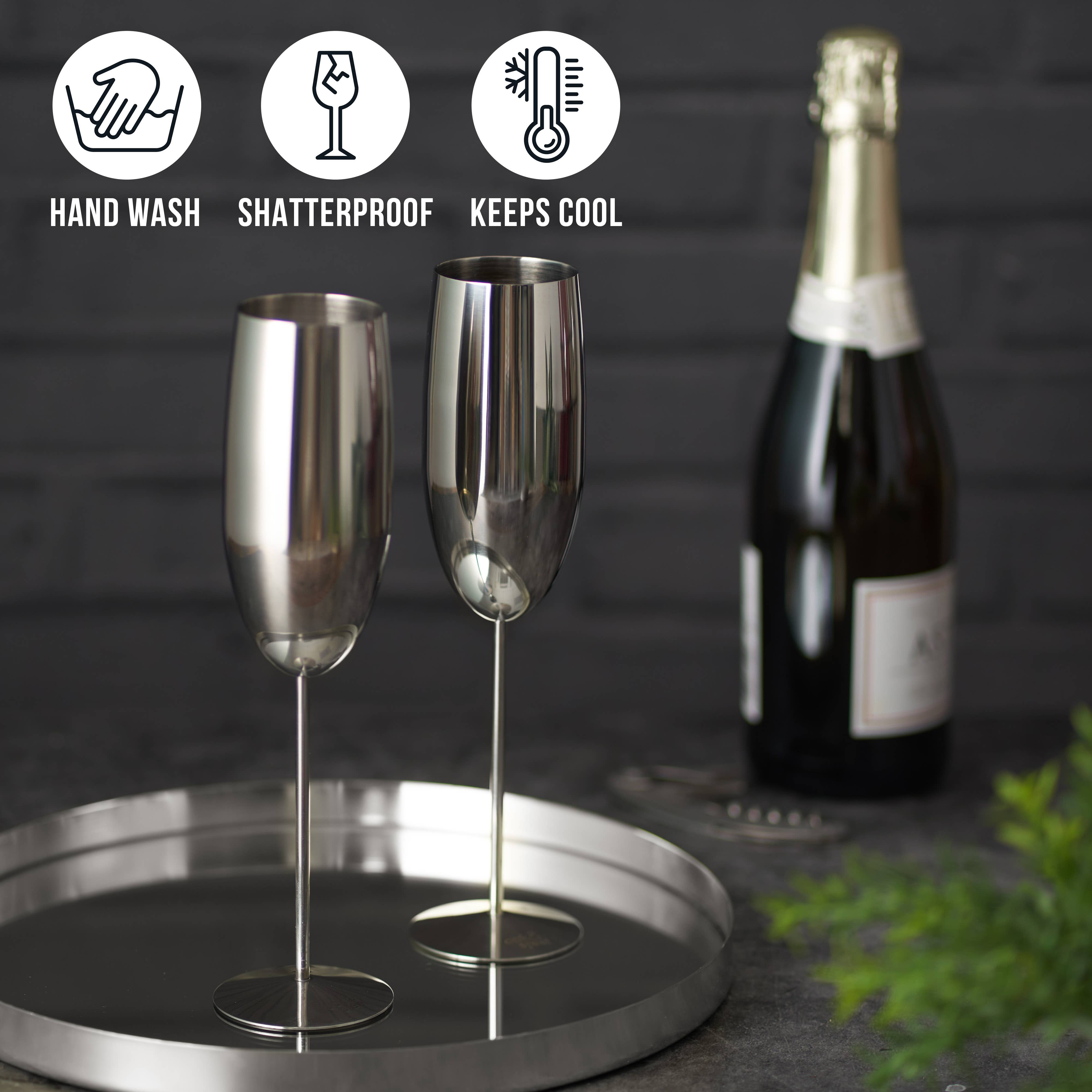 Oak & Steel - 2 Stainless Steel Silver Champagne Flutes (280ml)