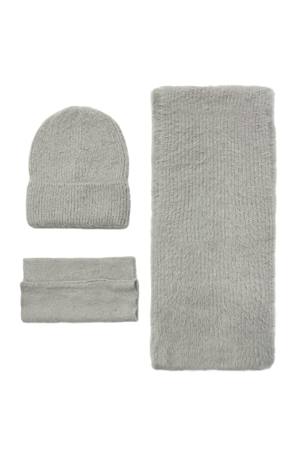 Grey Fluffy Knitted Scarf, Hat & Fingerless Gloves Set