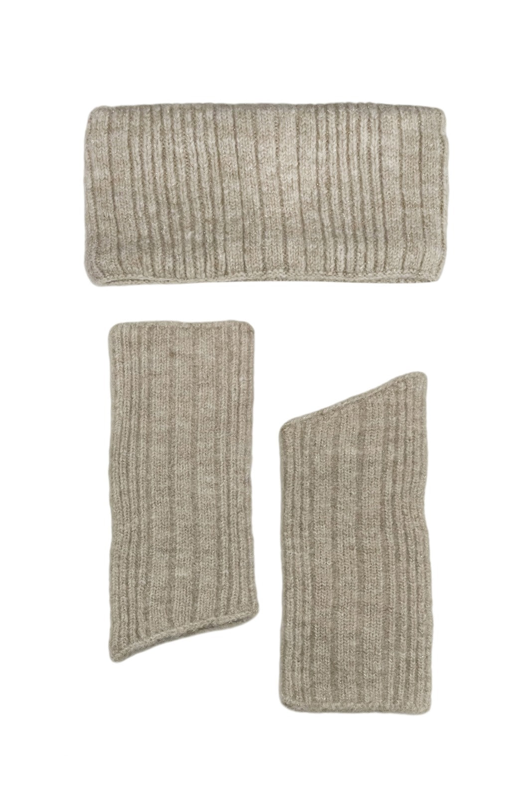 Beige Wool Knitted Headwarmer & Fingerless Gloves Set