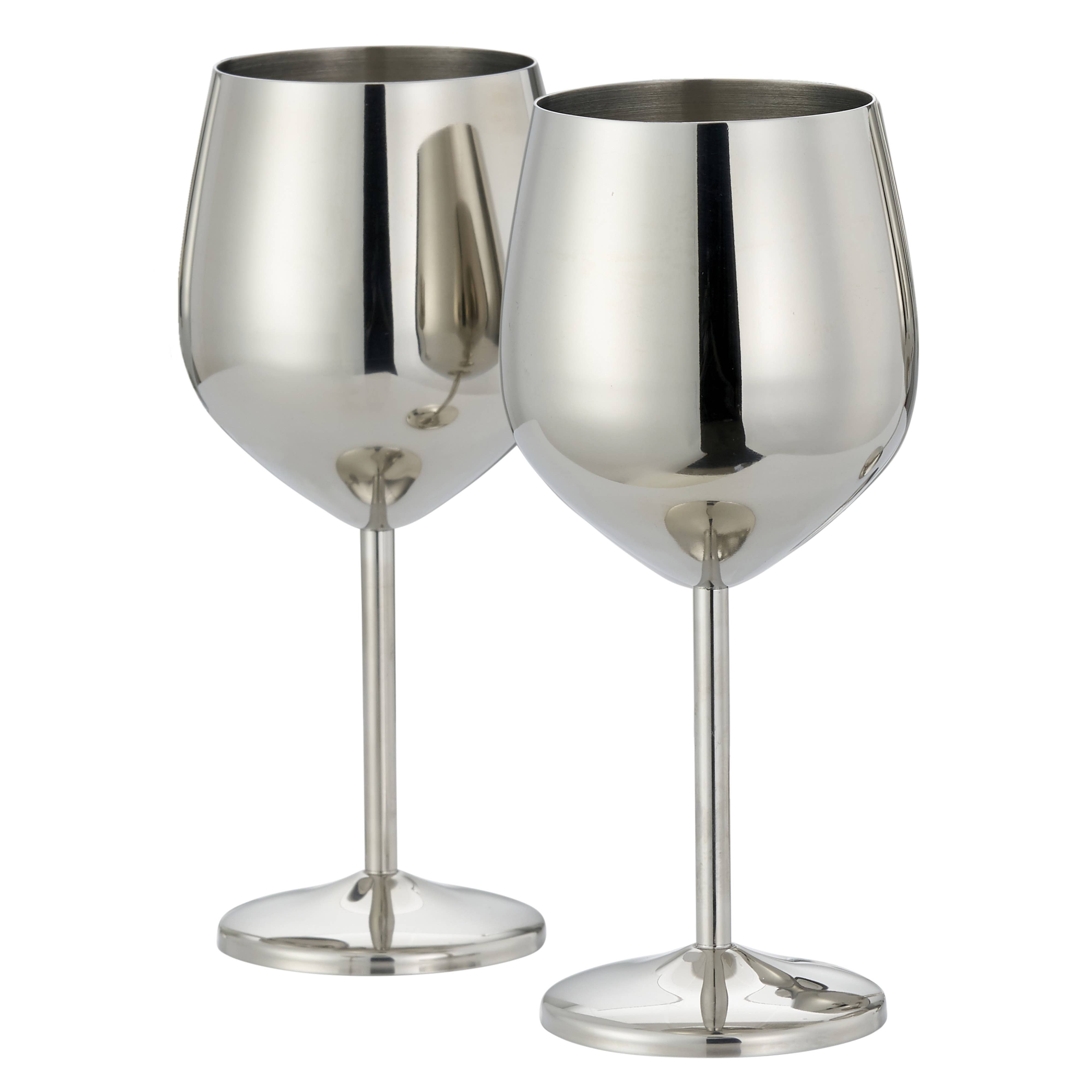 Oak & Steel - 2 Stainless Steel Silver Wine Glasses, 500ml