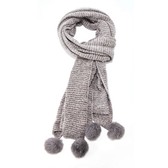 Grey Chenille Pom Pom Scarf