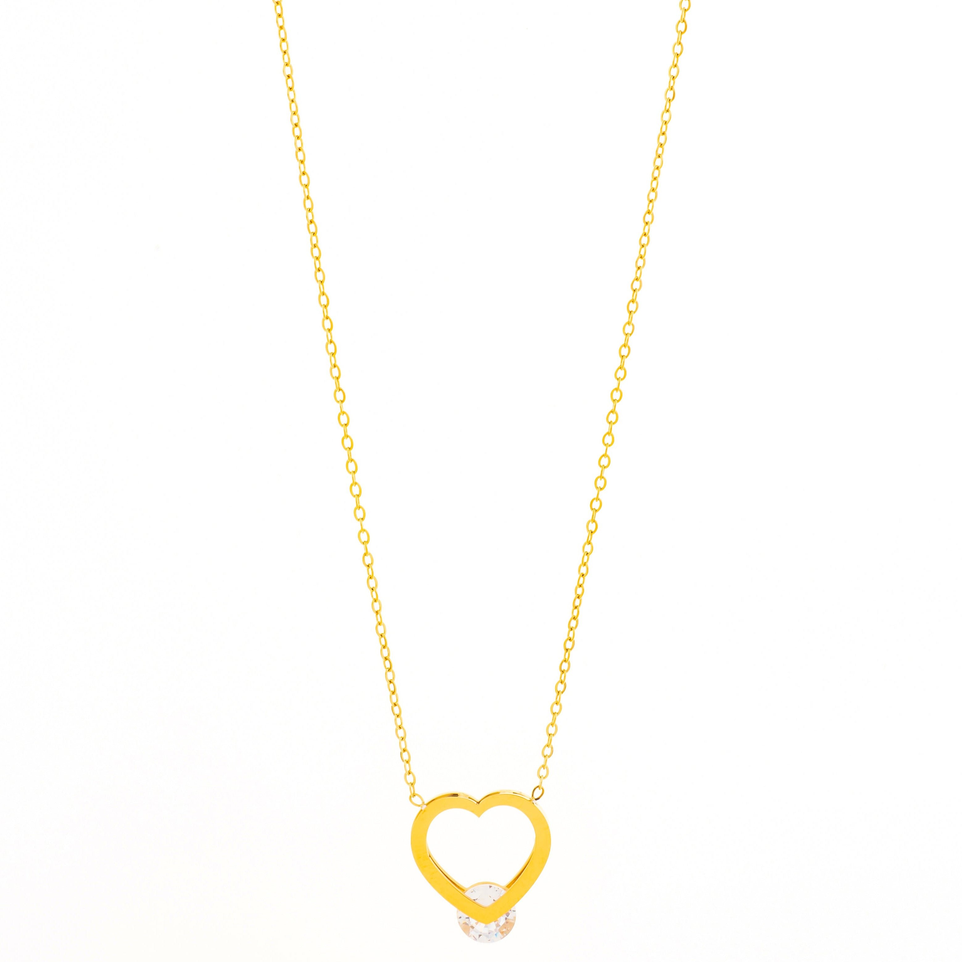 Mira Mira Heart Outline & Crystal Gold Plated Stainless Steel Necklace