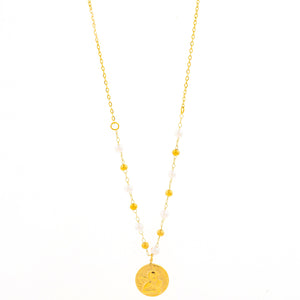 Mira Mira Pearl and Angel Disc Gold Plated Stainless Steel Necklace