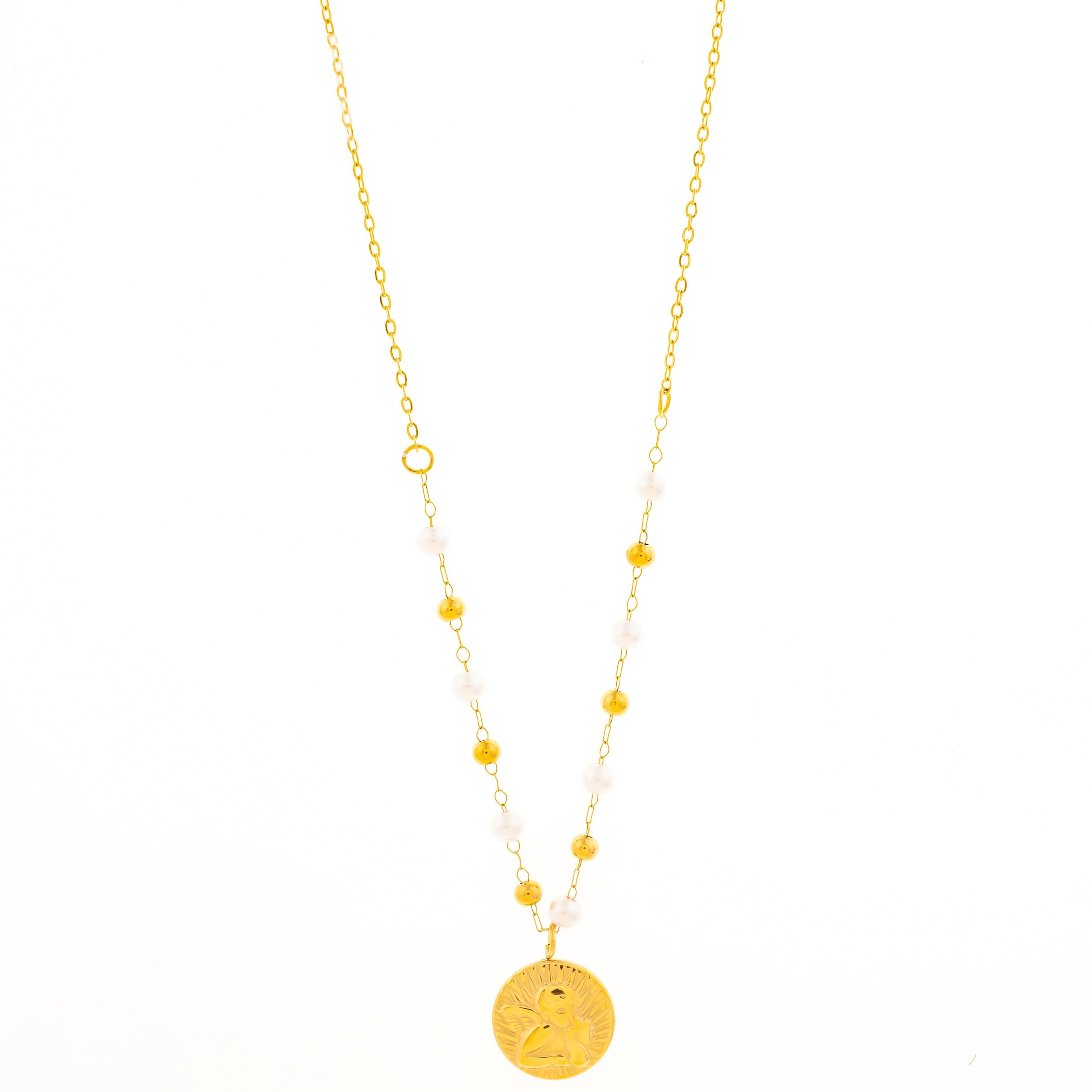 Mira Mira Pearl and Angel Disc Gold Plated Stainless Steel Necklace