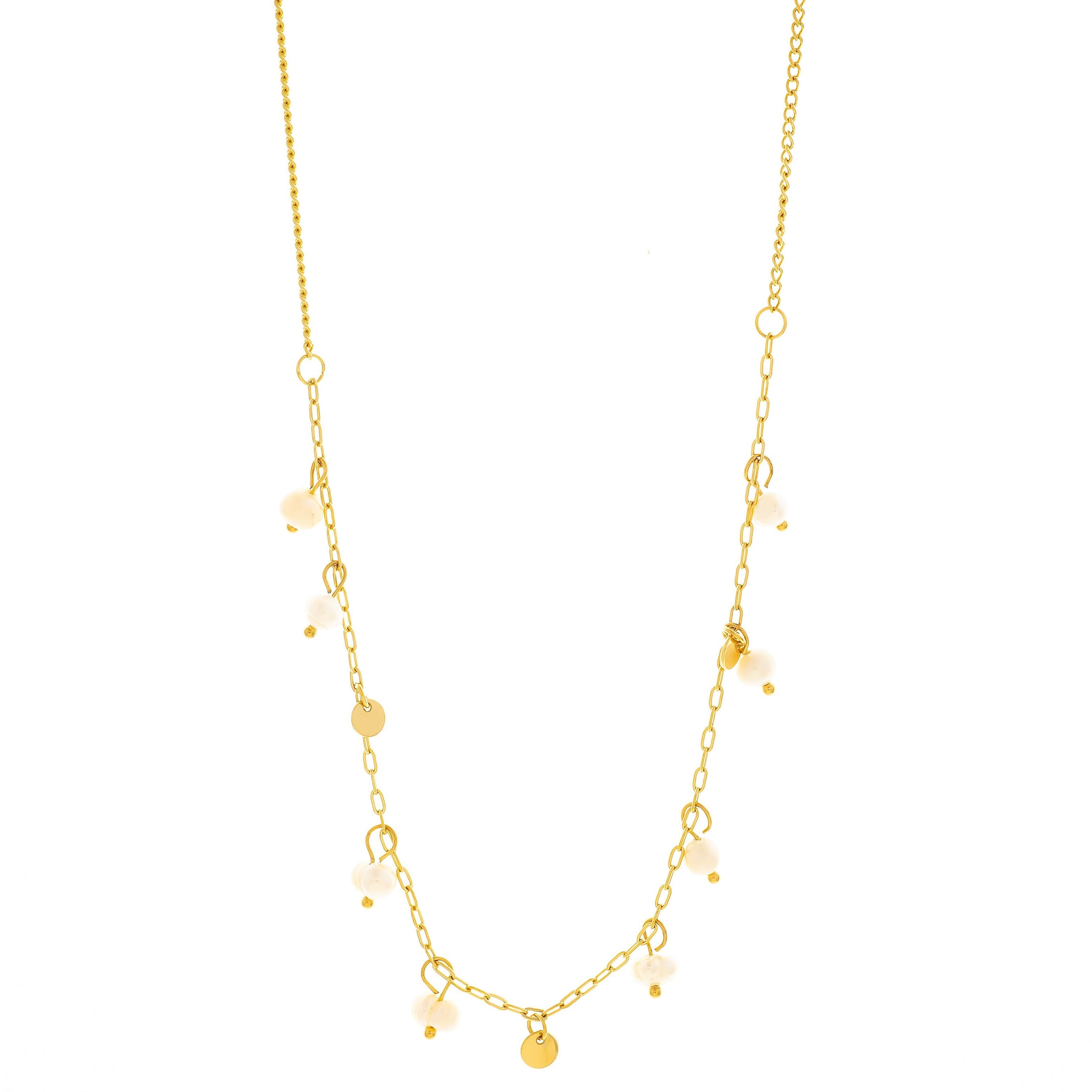 Mira Mira Pearl and Disc Drop Gold Plated Stainless Steel Necklace