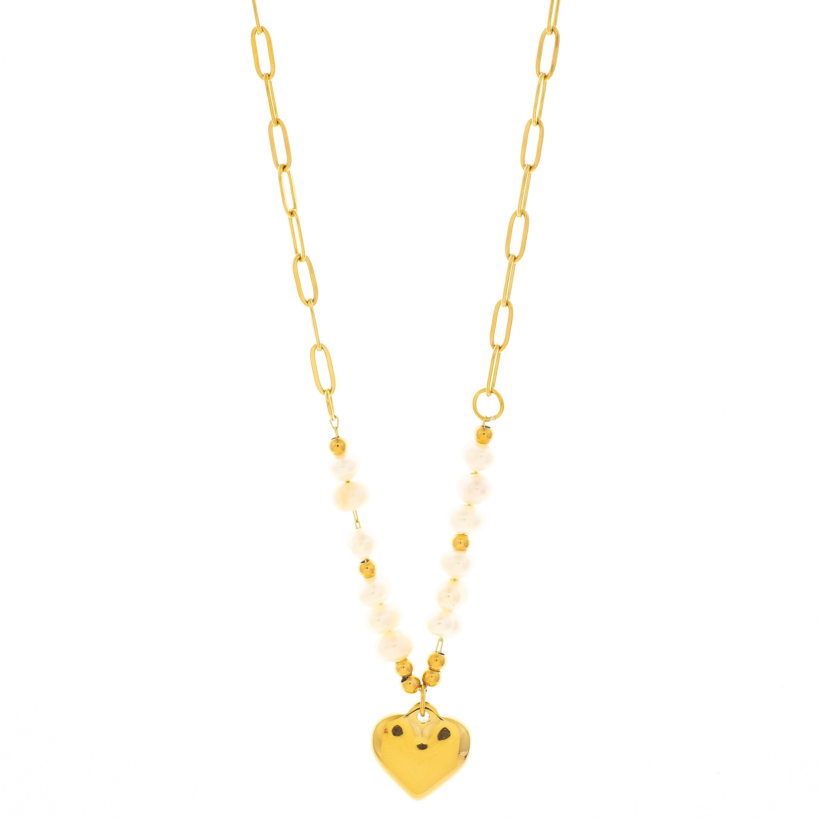 Mira Mira Heart Pearl Chain Gold Plated Stainless Steel Necklace