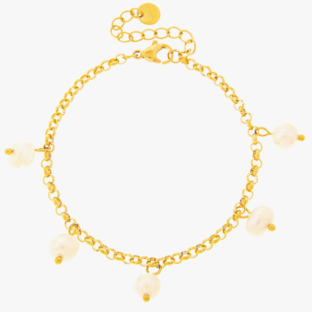 Mira Mira Loop Chain and Pearl Drop  Gold Plated Stainless Steel Bracelet