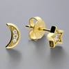 Sterling Silver Small CZ Gold Plated Star and Moon Stud Earrings