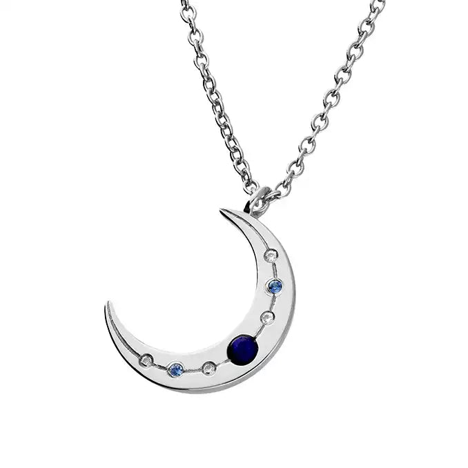 Sterling Silver Lapis and CZ Moon Necklace