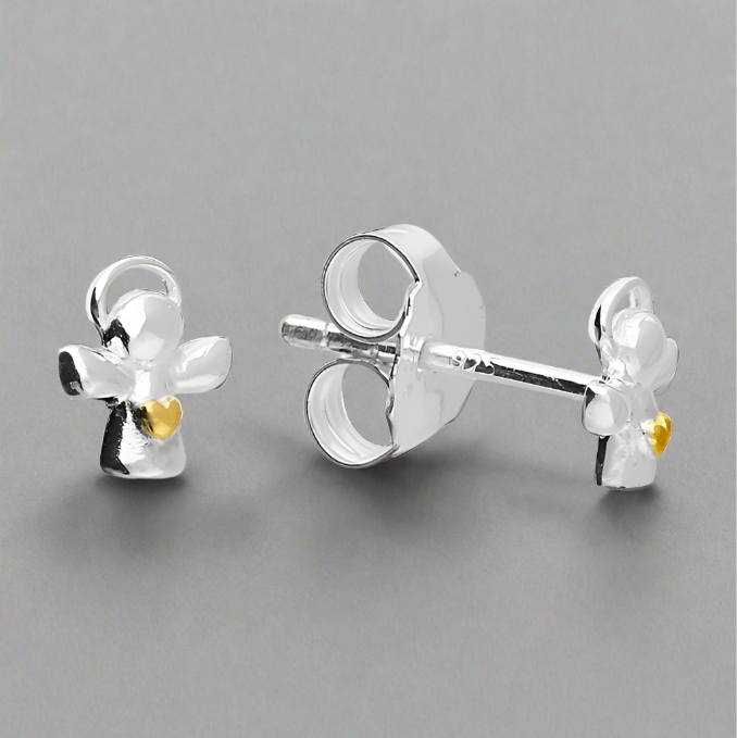 Two Tone Angel Heart Sterling Silver Children's Stud Earrings