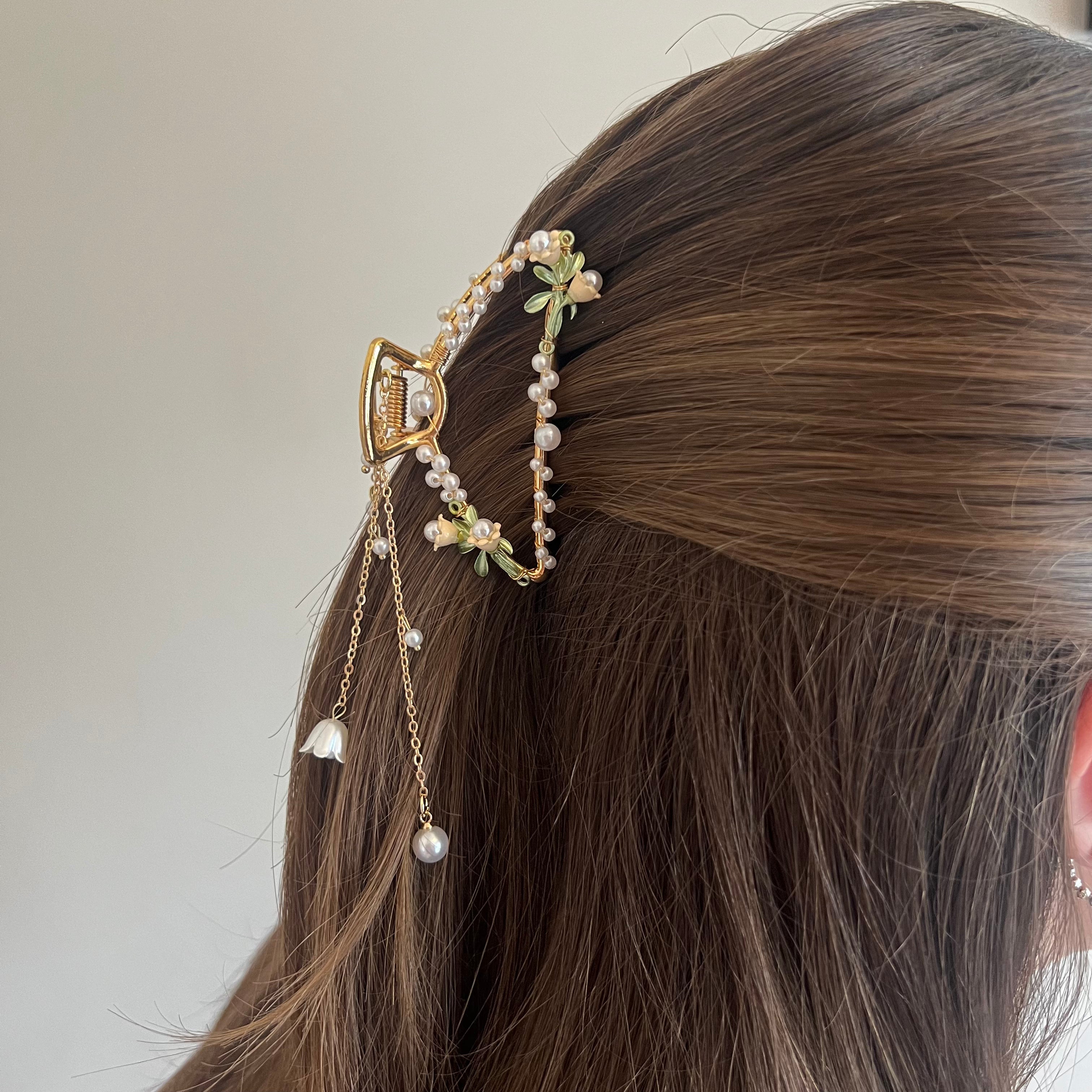 Sweet Flower Alloy Tassel Artificial Pearls Hair Claw clip