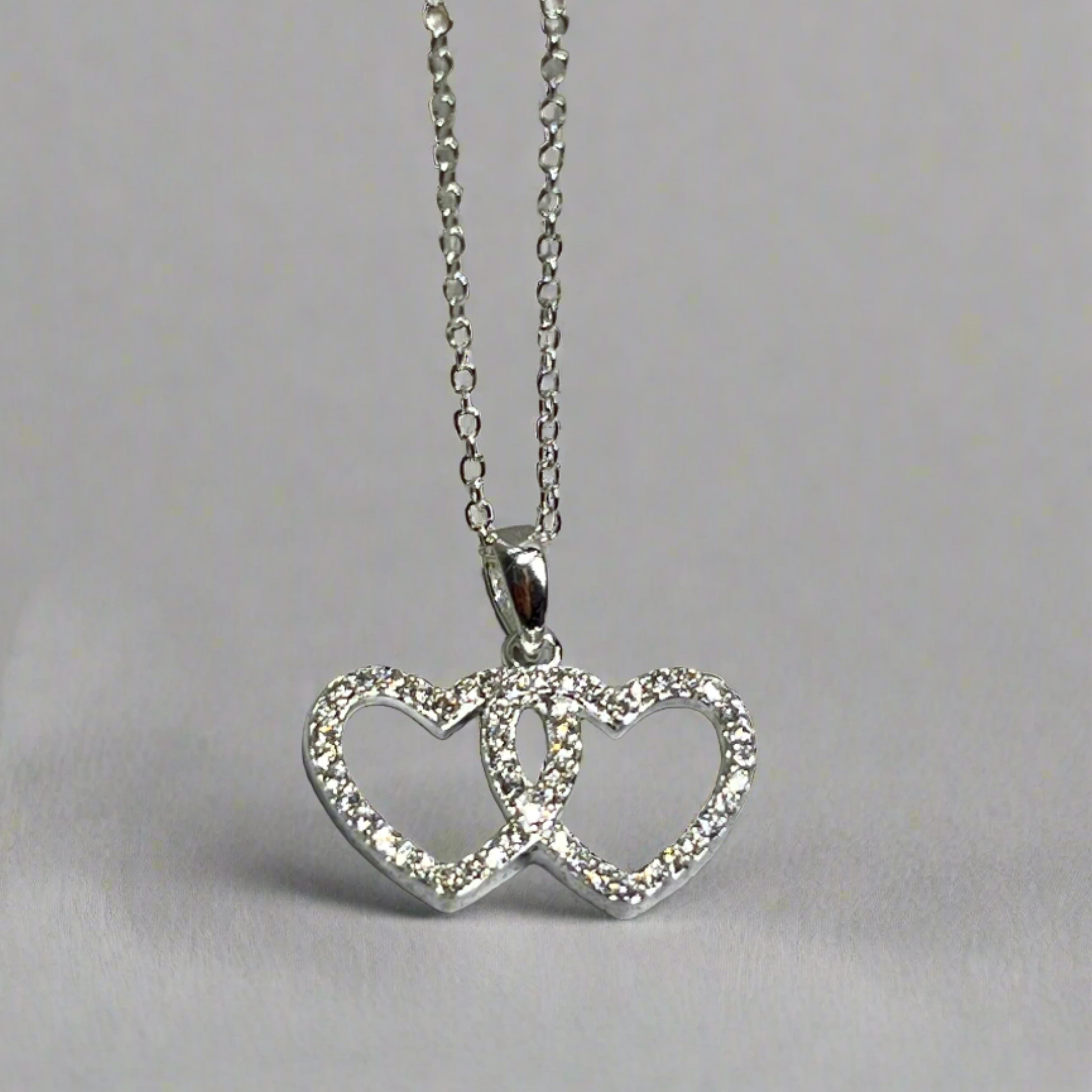 Sterling Silver Double Cubic Zirconia Heart Necklace