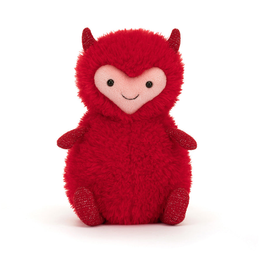 Jellycat Hugg McSnugg plush toy with soft fur, cute devil horns and tail, and an embroidered heart shaped face, perfect for Valentine’s Day cuddles every day of the year. 