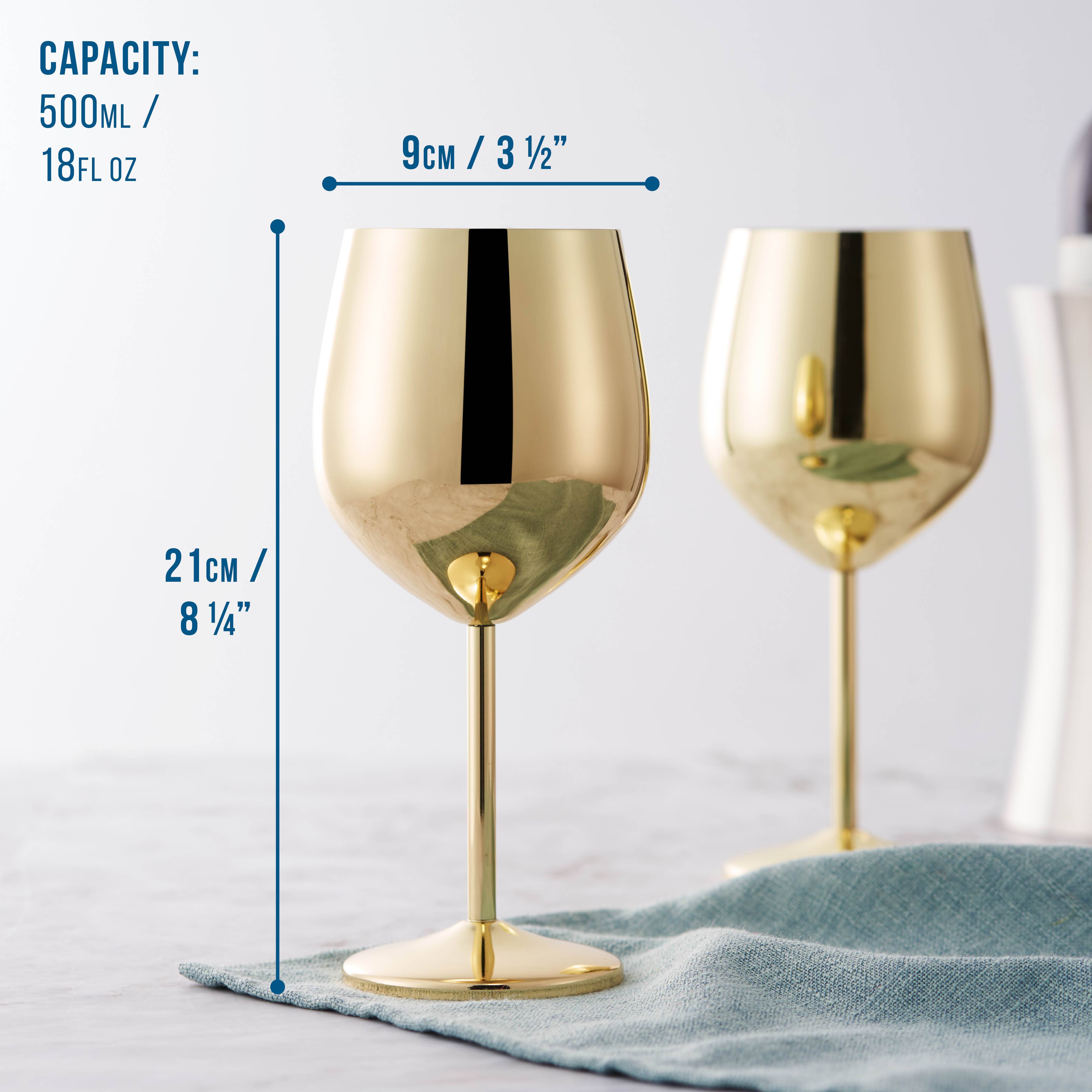 Oak & Steel - 2 Stainless Steel Gold Wine Glasses, 500ml