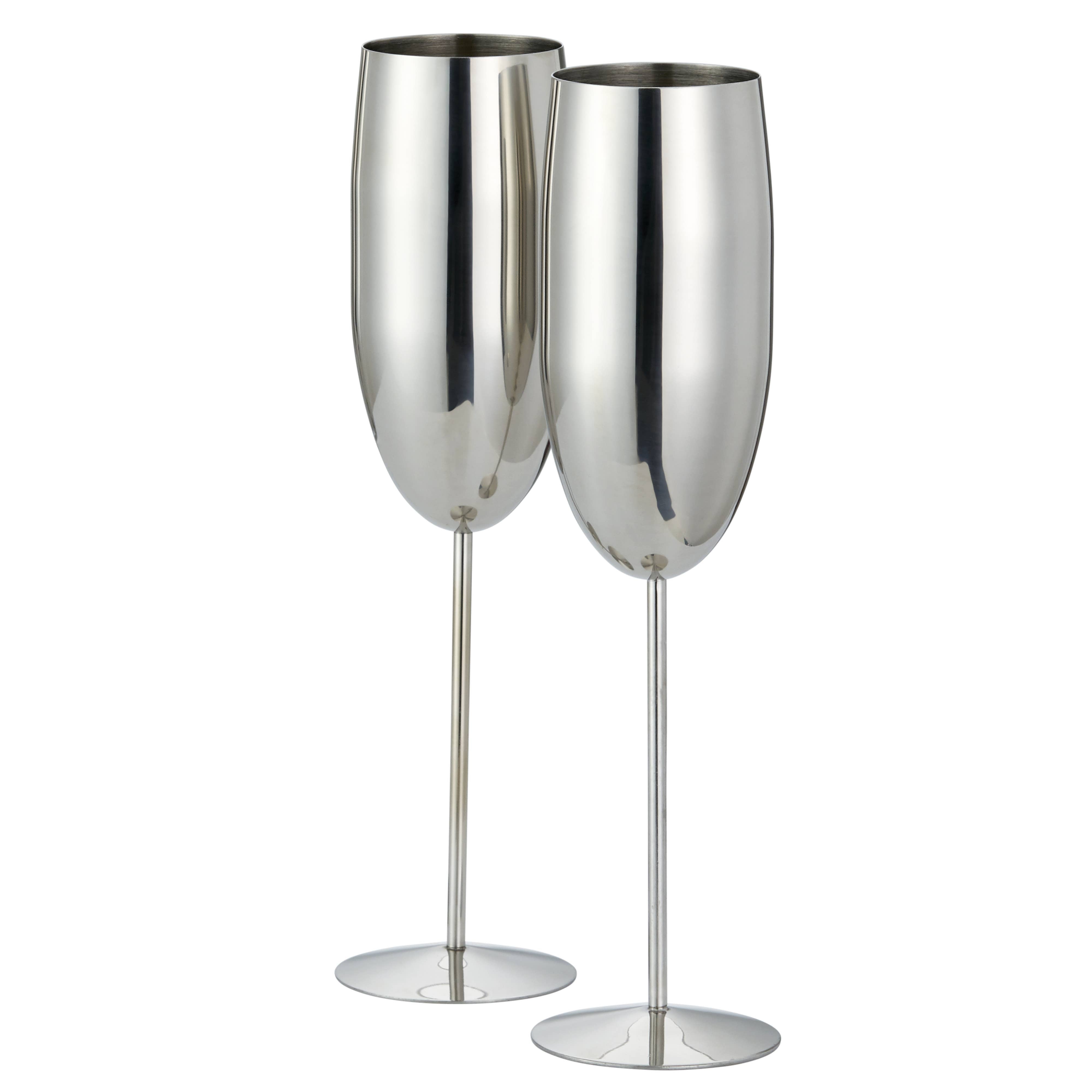 Oak & Steel - 2 Stainless Steel Silver Champagne Flutes (280ml)