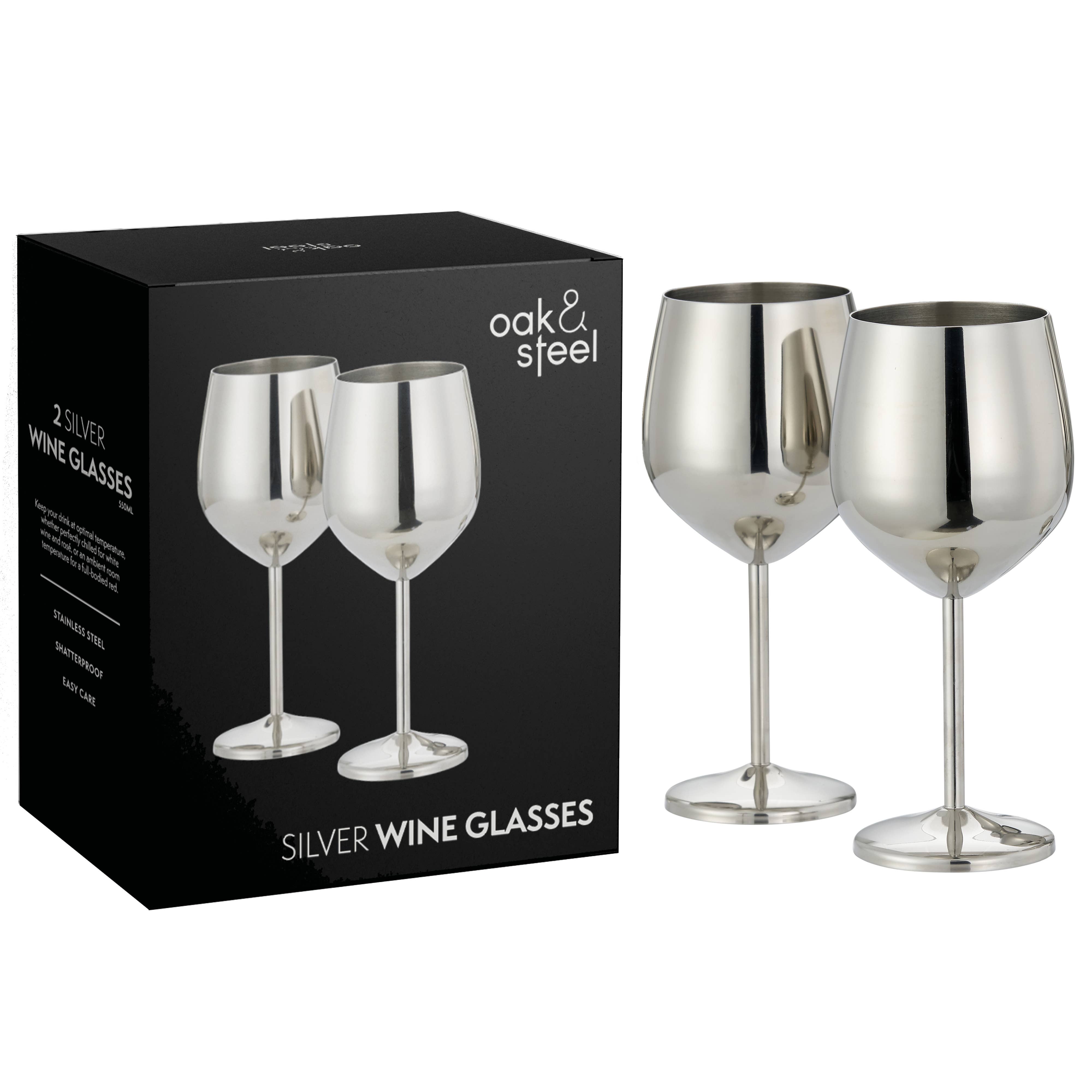 Oak & Steel - 2 Stainless Steel Silver Wine Glasses, 500ml