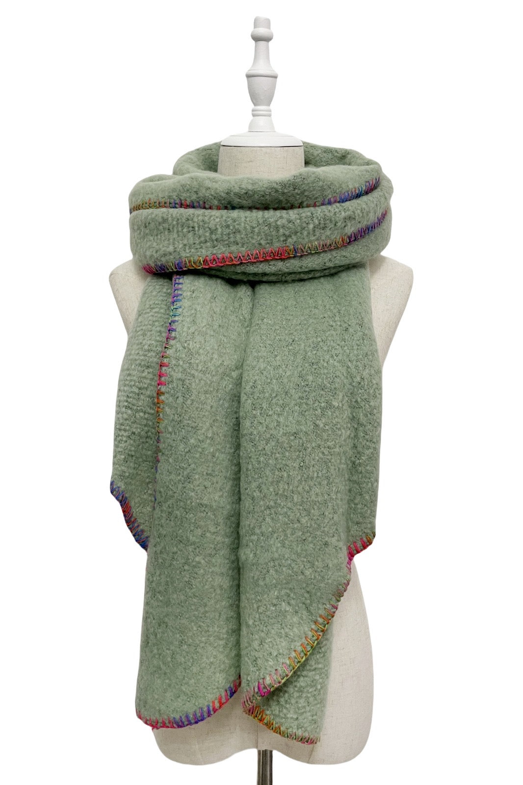 Green Contrast Stitch Wool Diagonal Edge Scarf