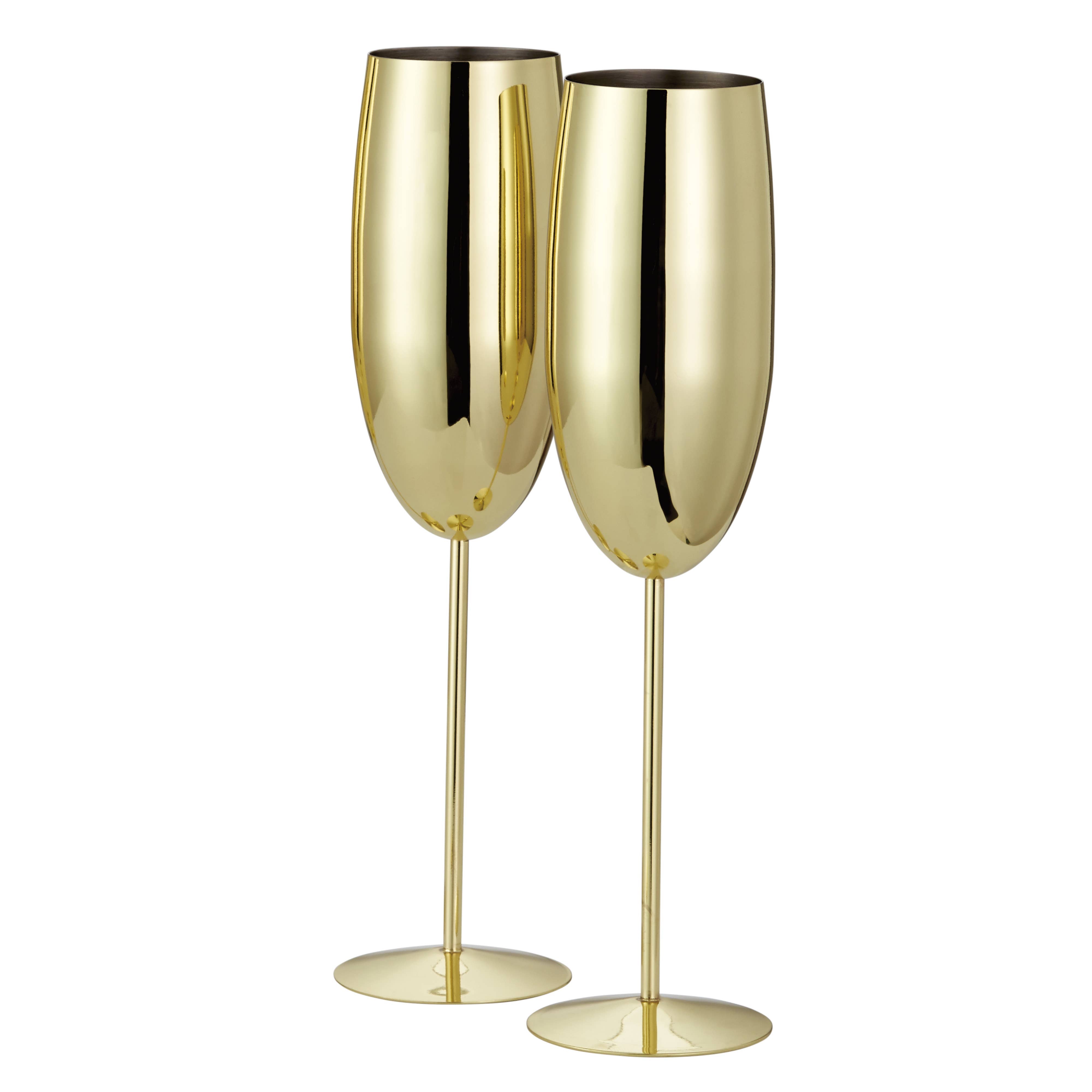 Oak & Steel - 2 Stainless Steel Gold Champagne Flutes (280ml)