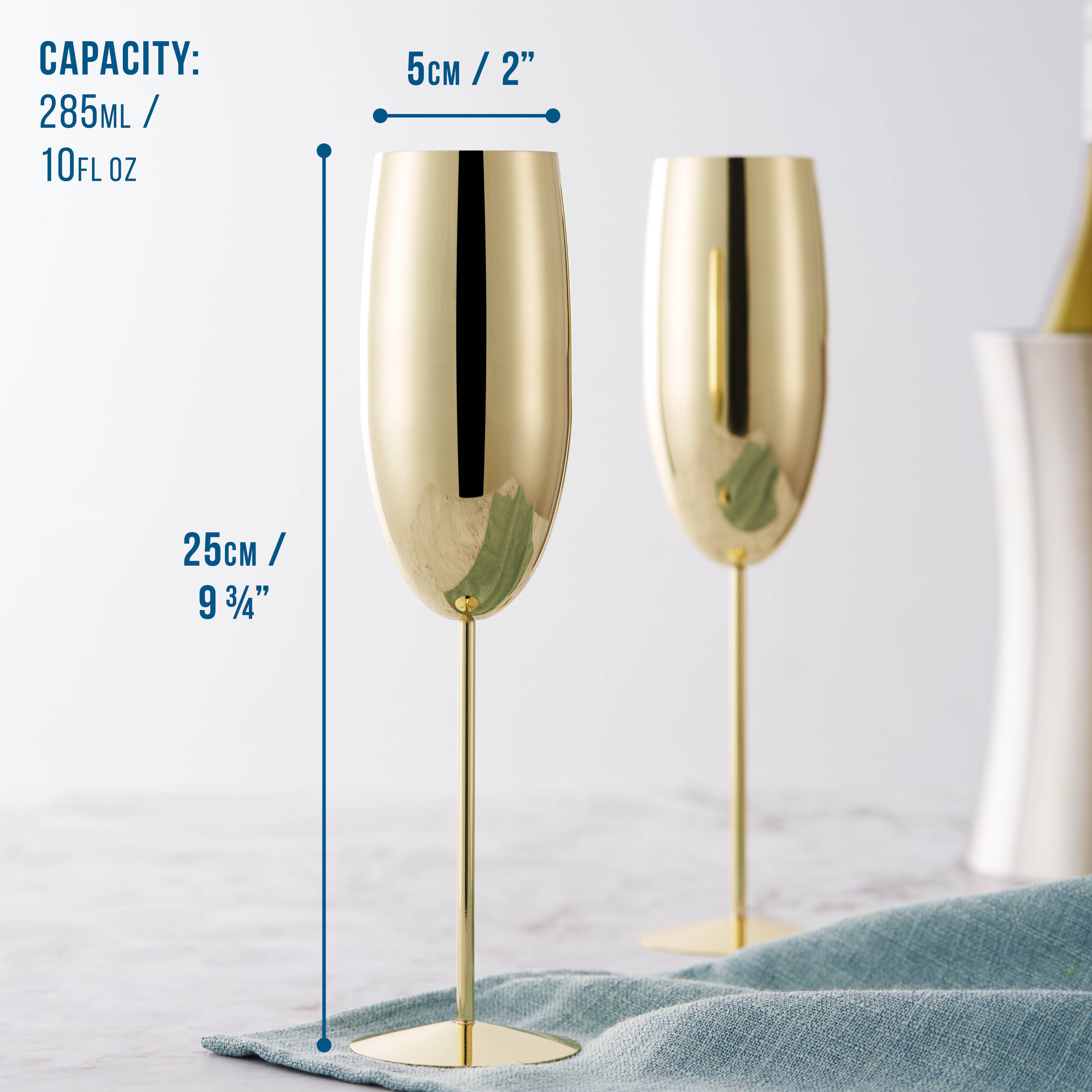 Oak & Steel - 2 Stainless Steel Gold Champagne Flutes (280ml)