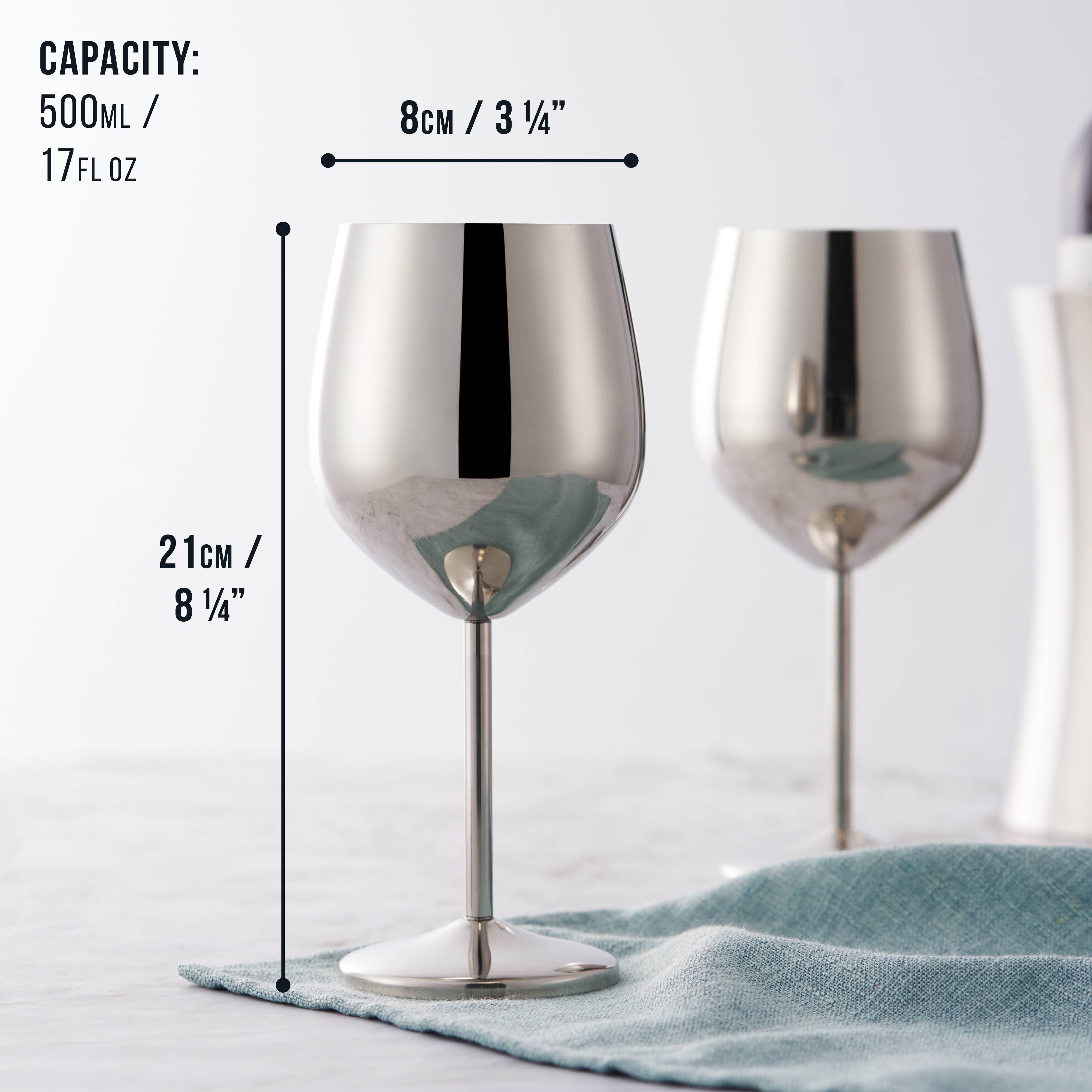 Oak & Steel - 2 Stainless Steel Silver Wine Glasses, 500ml