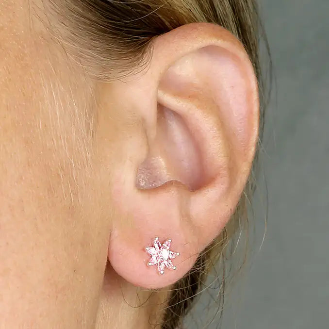 Sterling Silver Pink CZ Flower Stud Earrings