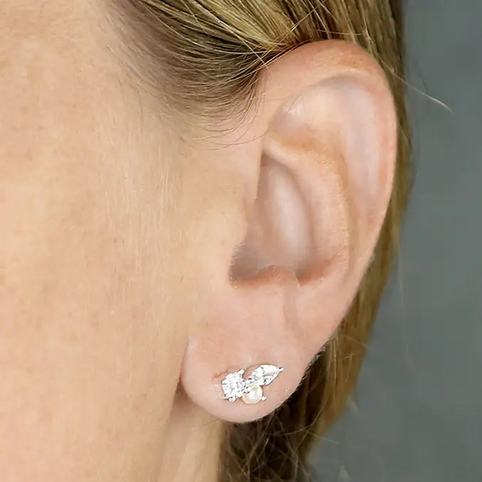 Sterling Silver Pearl and CZ Stud Earrings