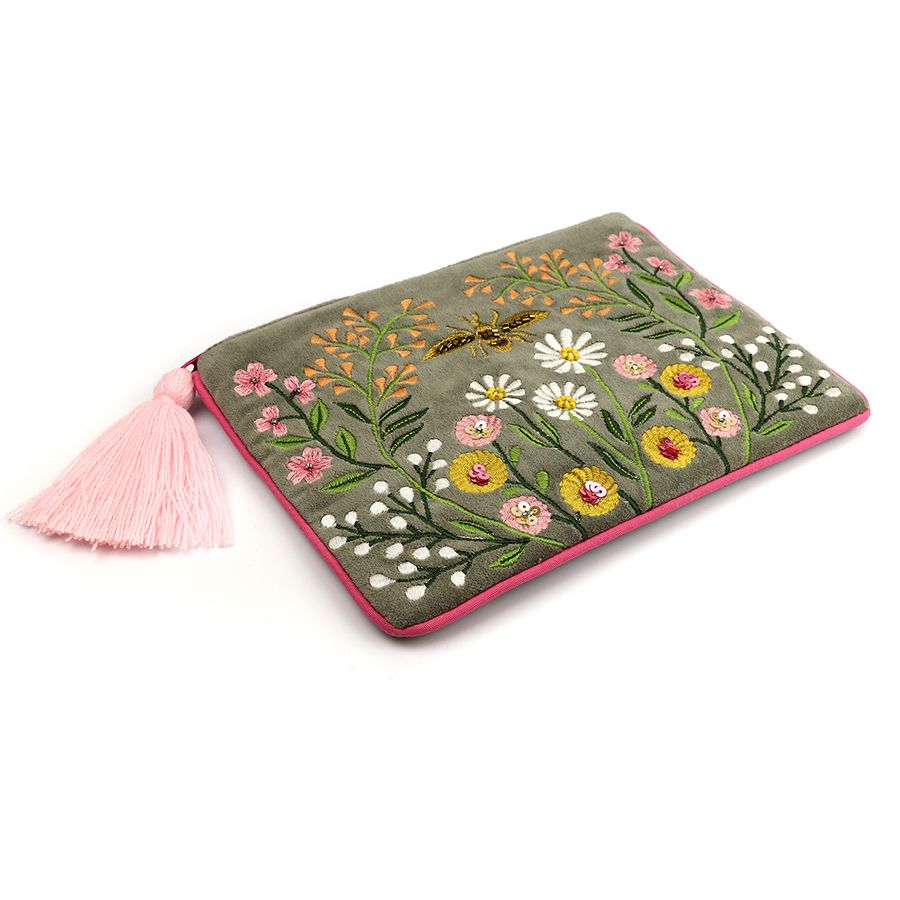 POM Sage Green & Pink  Meadow with Bee  Velvet Pouch