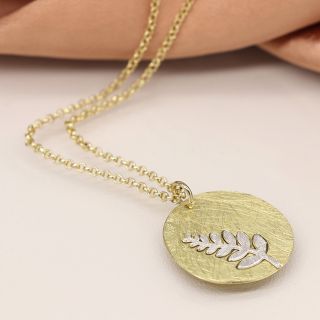 POM Brushed Faux Gold Disc with Silver Fern Inlay Necklace