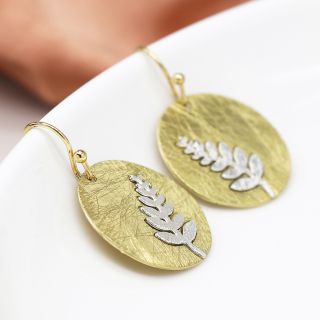 POM Brushed Faux Gold Disc with Silver Fern Inlay Earrings