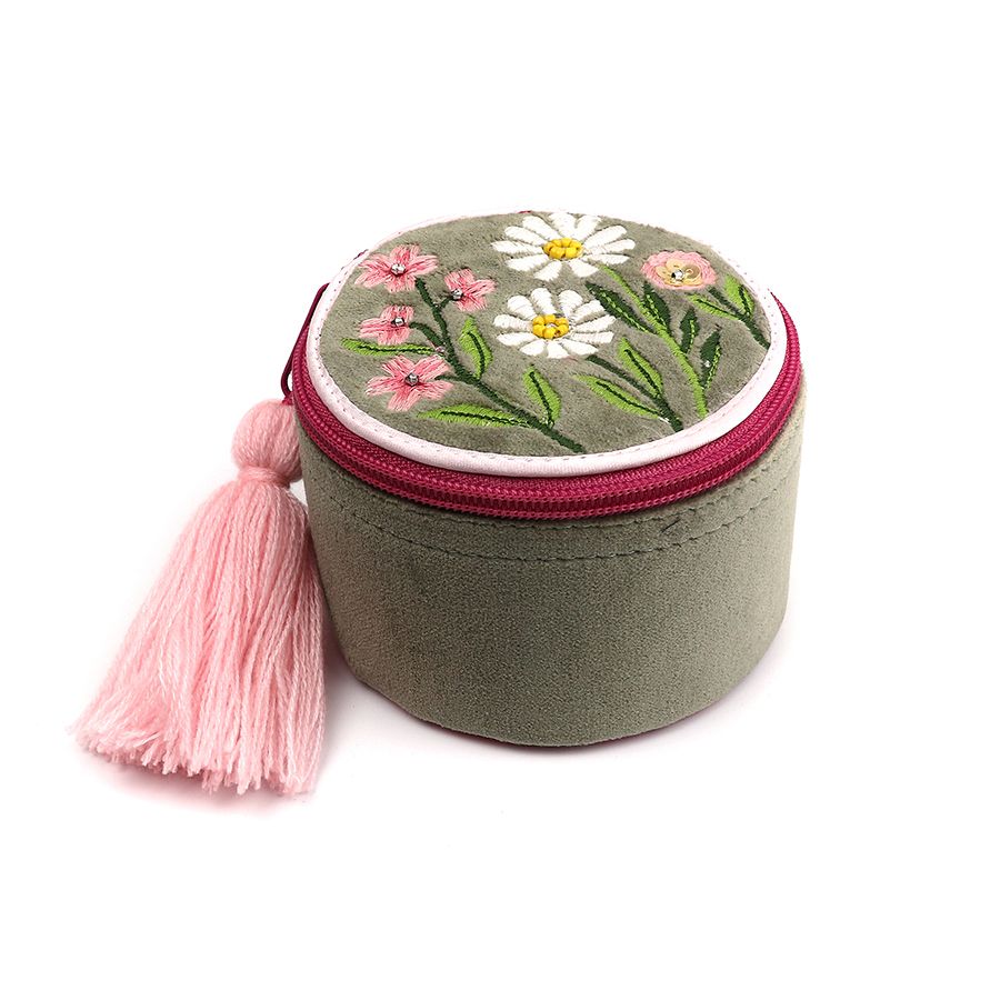 POM Sage Green & Pink Meadow with Bee Velvet Trinket Box