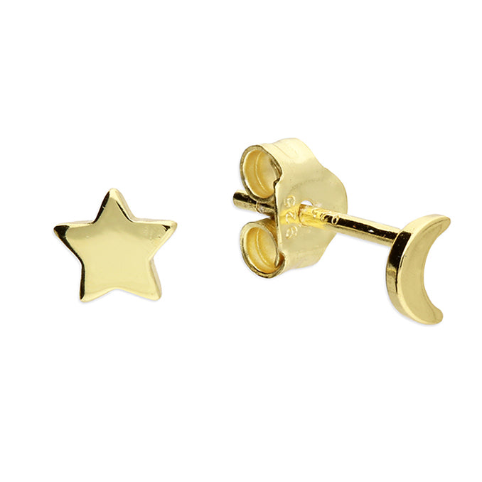 Sterling Silver Gold Plated Tiny Star & Moon Stud Earrings