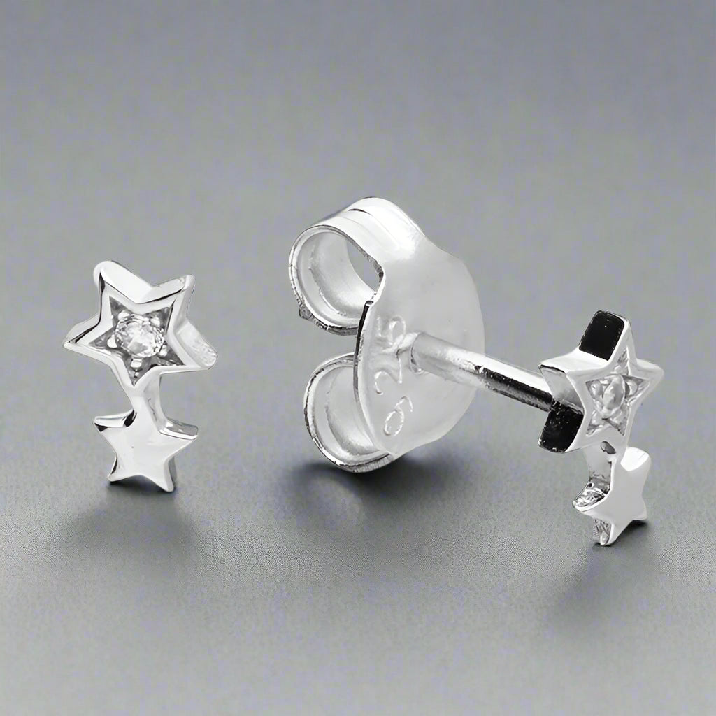 Sterling Silver Tiny Double Star Stud Earrings