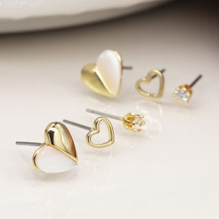 POM Faux Gold Heart and Crystal Triple Earring Set