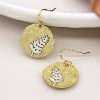 POM Brushed Faux Gold Disc with Silver Fern Inlay Earrings