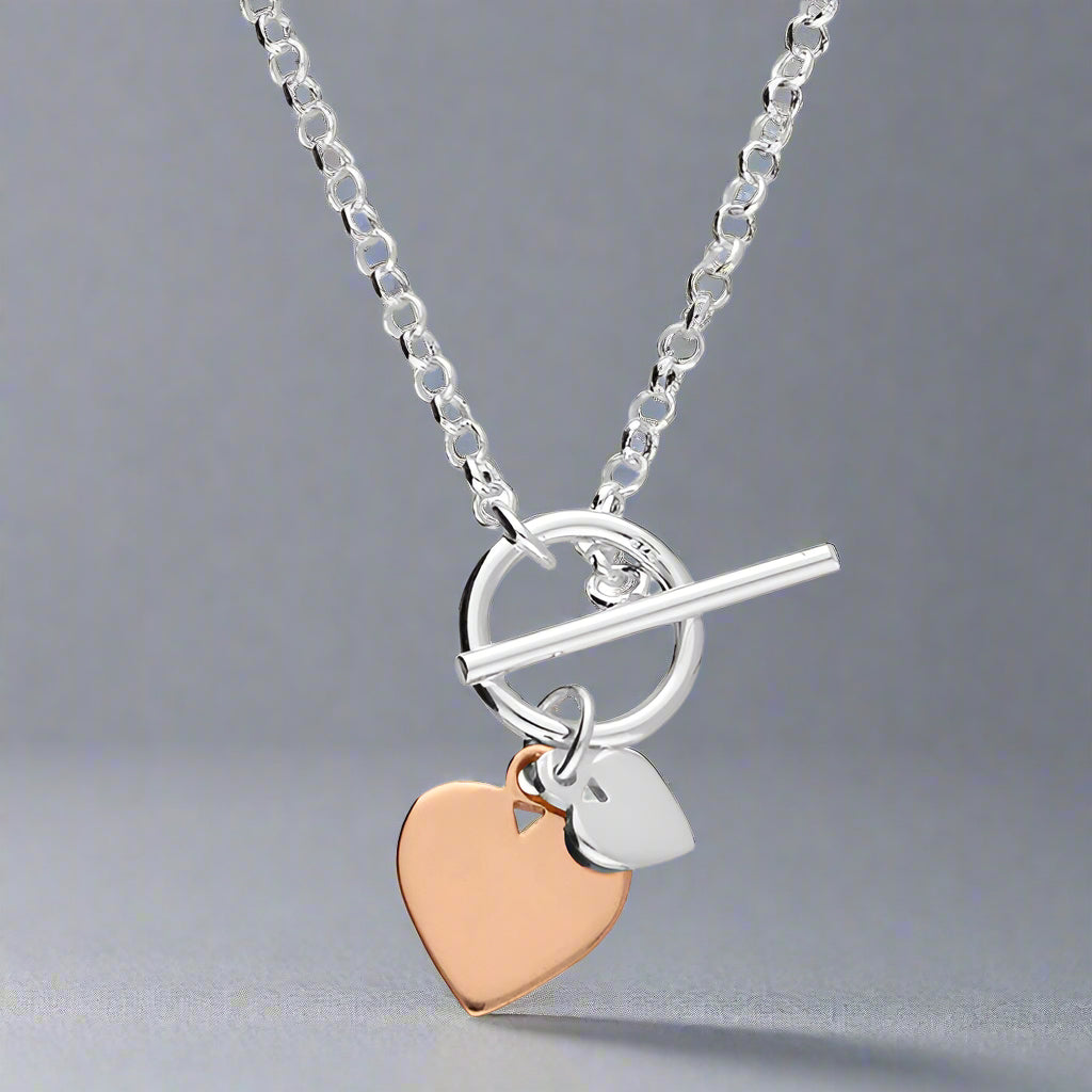 Sterling Silver Rose Gold T-Bar Heart Necklace