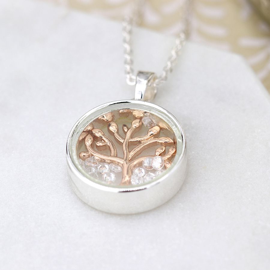 POM Circle frame necklace with rose gold tree and crystals