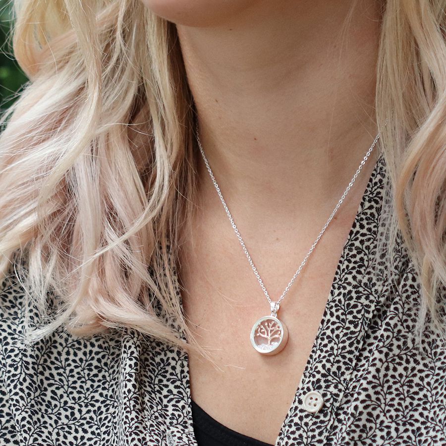 POM Circle frame necklace with rose gold tree and crystals