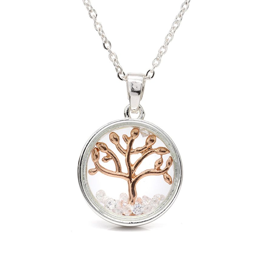 POM Circle frame necklace with rose gold tree and crystals