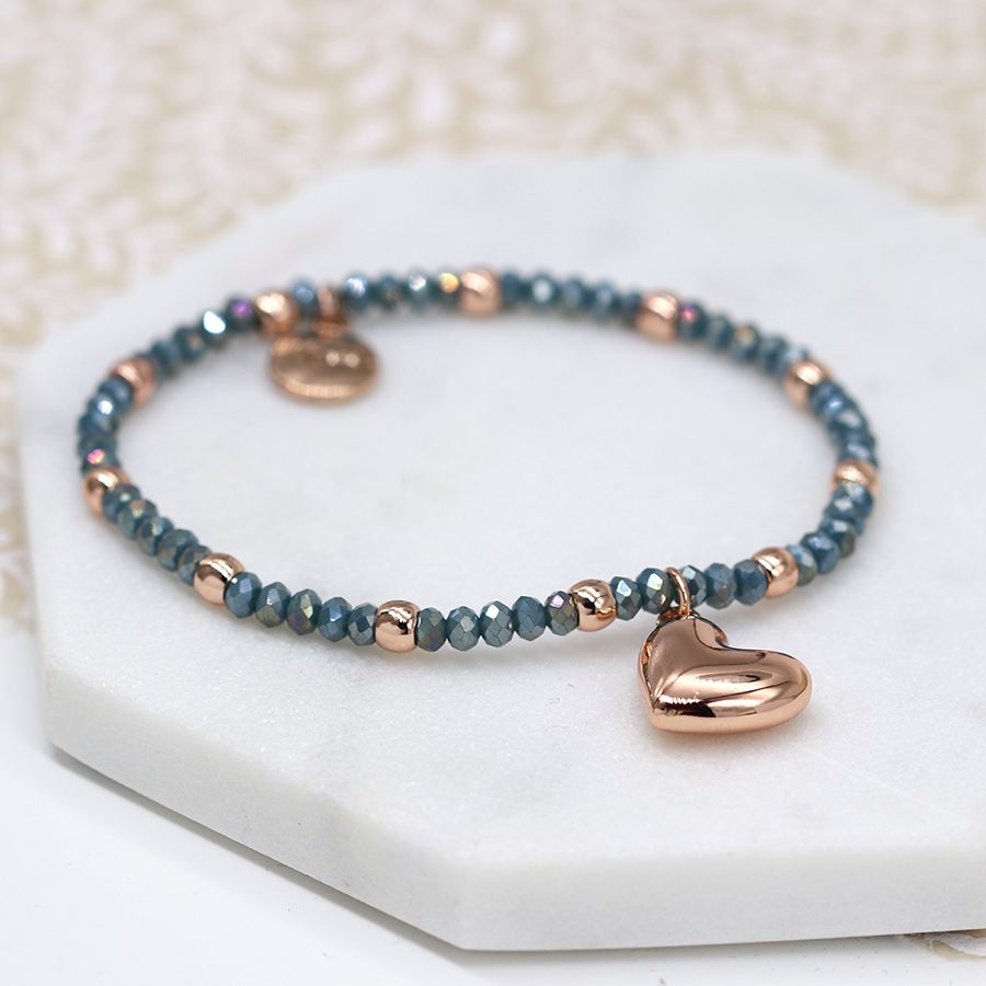 POM Rose Gold and Blue Bead Bracelet with Crystal Drop and Heart Charm