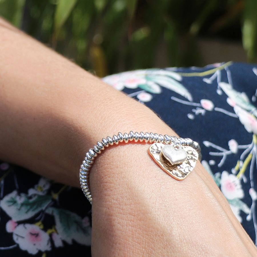 POM Silver Plated Bead Bracelet with Golden Hammered Heart and Silver Puff Heart