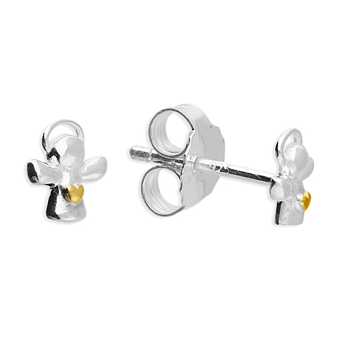 Two Tone Angel Heart Sterling Silver Children's Stud Earrings