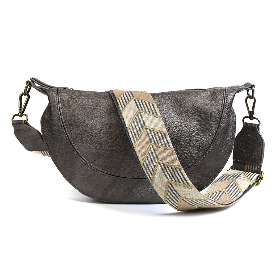 POM Pewter Vegan Leather Half Moon Bag With Grey Cream Chevron